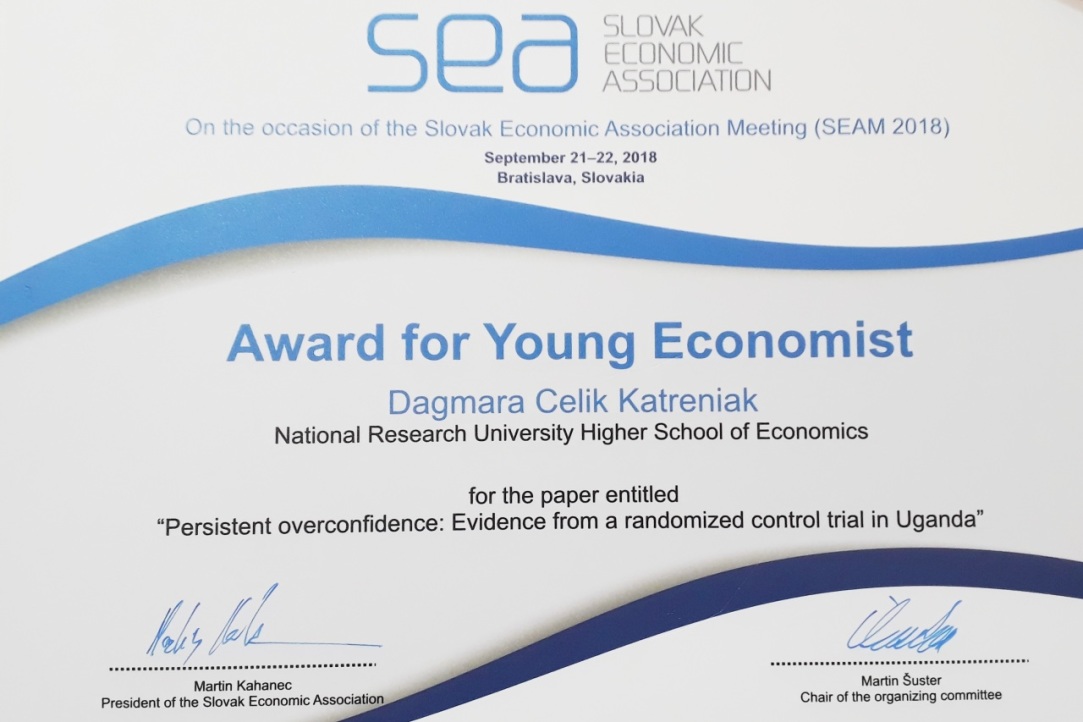 Dagmara Celik Katreniak, Assistant Professor of our Department, has received Award for Young Economist from Slovak Economic Association