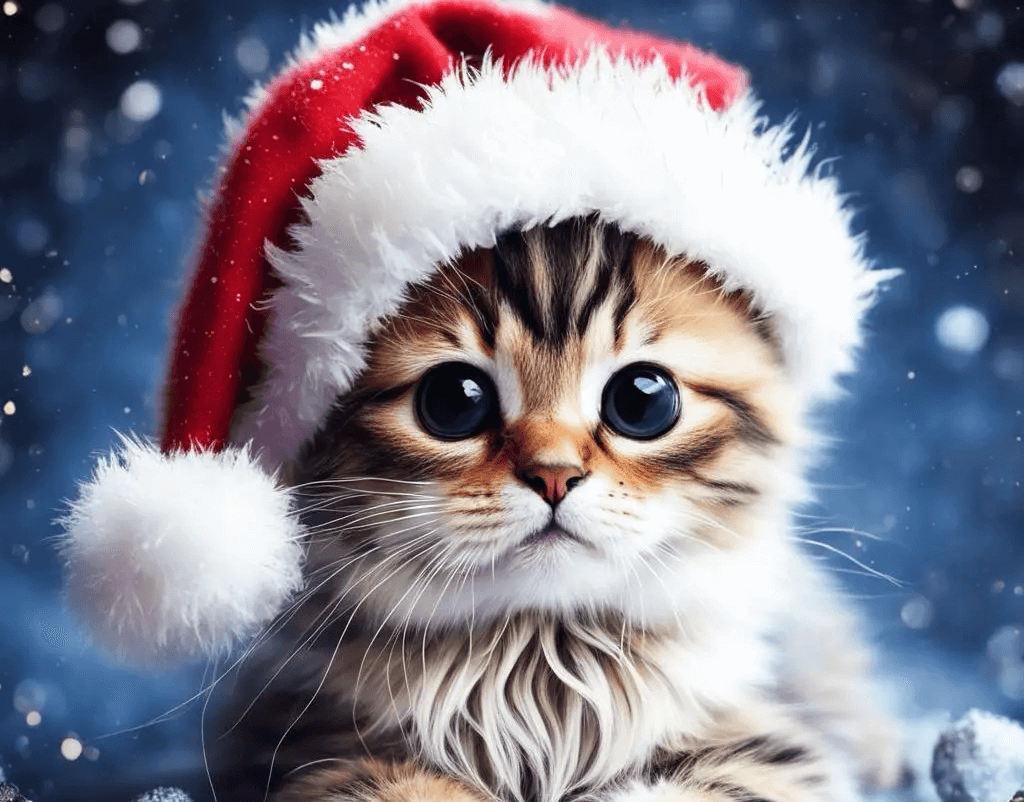FusionBrain.AI. Картинка, созданная нейросетью Kandinsky по рекомендованному промпту: «Милый котенок в новогодней шапке, пушистый, сказочно. Cтиль: цифровая живопись».